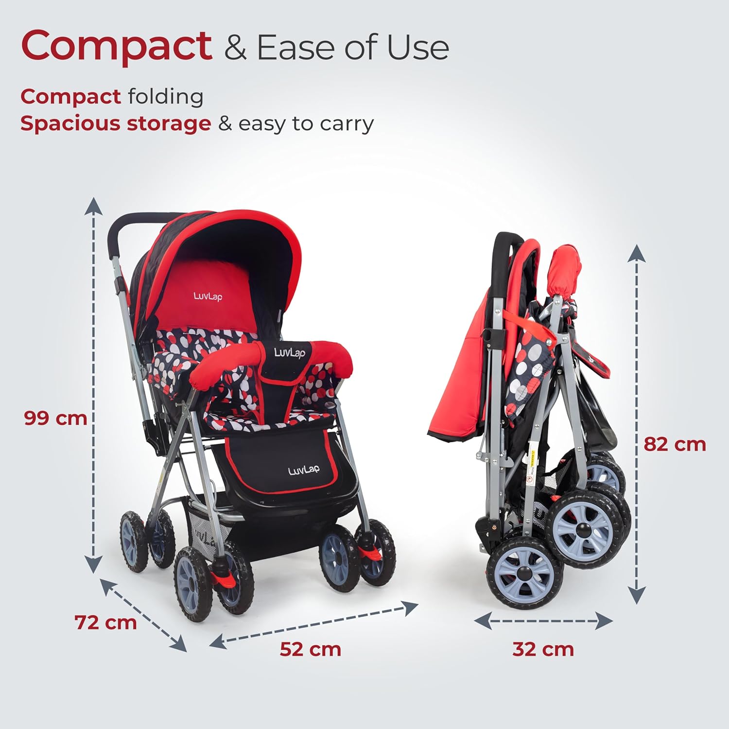 LuvLap Sunshine baby stroller in a vibrant red and black design with polka dots, equipped with a 5-point safety harness for child security and an overhead canopy. www.usmile.toys